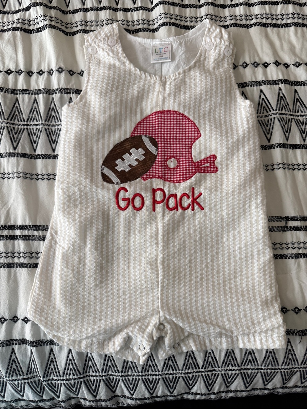 Boys White and Tan Seersucker Football Appliqué Jon Jon- Red & Brown